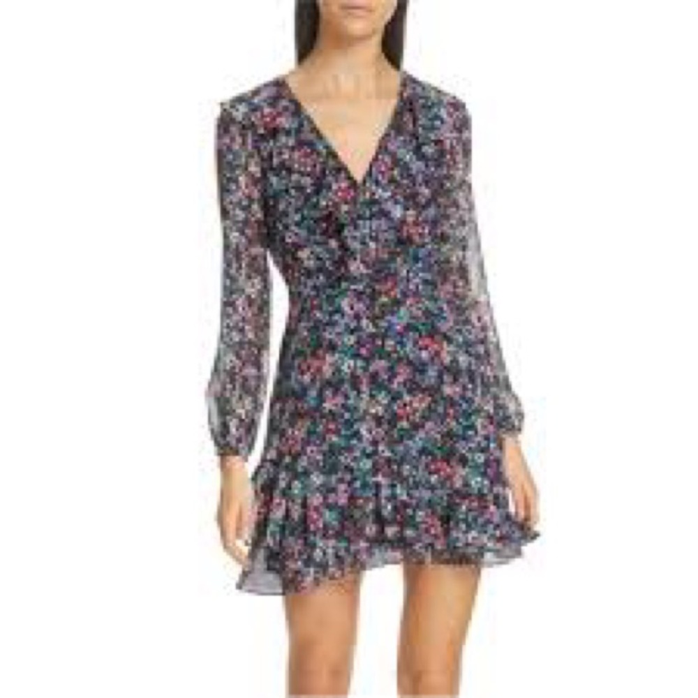 Saloni Jodie Silk Georgette Dress Jewel Rosette Floral Mini V-Neck Long Sleeve 6